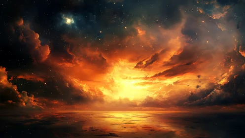 Celestial inferno over reflective ocean rendered in digital chiaroscuro