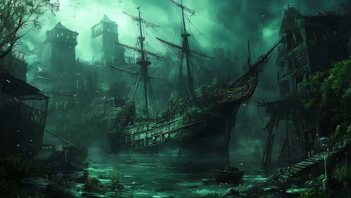 Sailing ship rests in misty abandoned harbor with ruined fortifications
