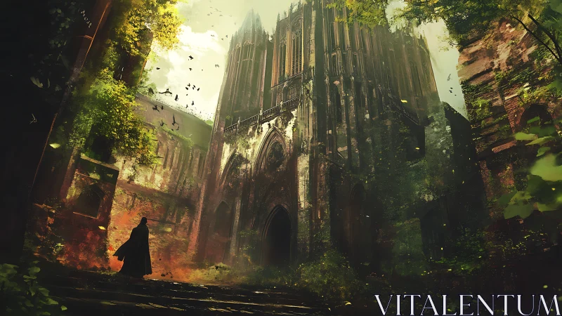 Cloaked figure before overgrown gothic cathedral ruins.