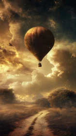 Hot air balloon over golden rural path at twilight sky.