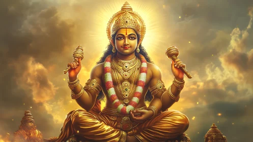 Digital painting of radiant Hindu deity in celestial throne pose.