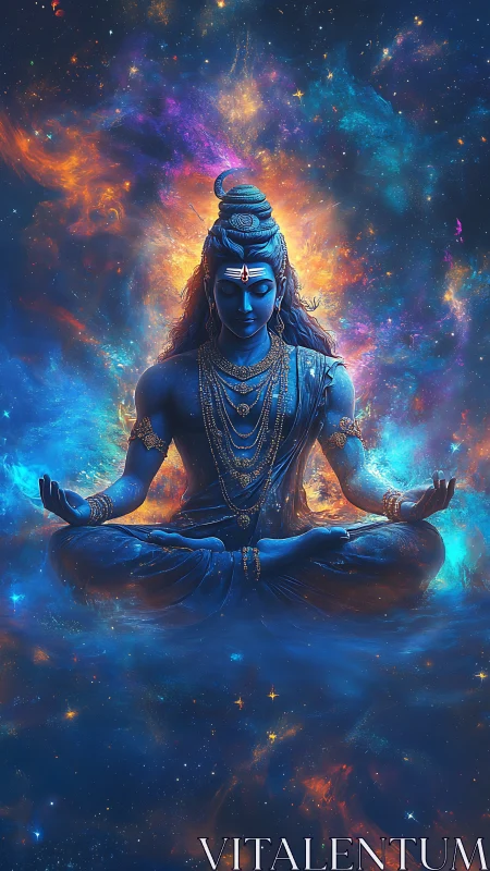 Cosmic blue deity in meditative pose framed by nebular light