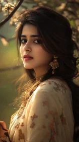 Portrait shows woman in embroidered attire under soft sunlight