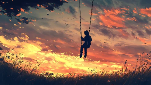 Silhouette on suspended swing against layered sunset sky.