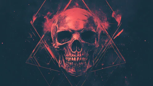 Red human skull illustration over dark geometric shapes.