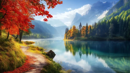 Autumnal lakeshore path with high dynamic range reflections.