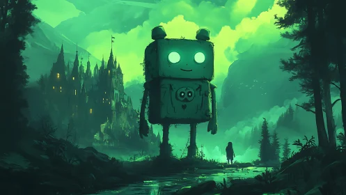 Giant forest robot guards neon castle under misty sky.