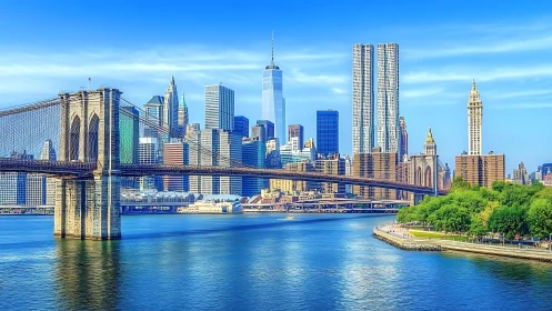 Brooklyn Bridge spans river before dense New York skyline