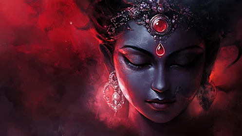 Radiant goddess portrait glows softly in red and shadow