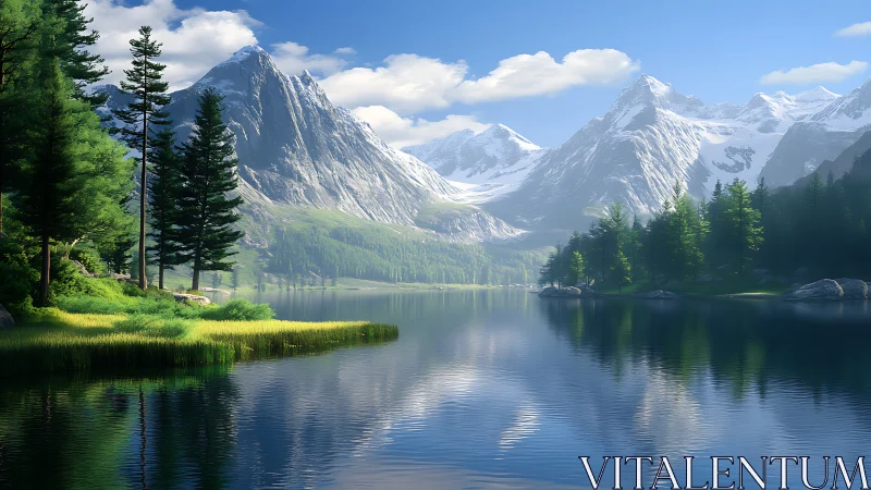 Alpine lake with conifer forest and snow covered mountains.