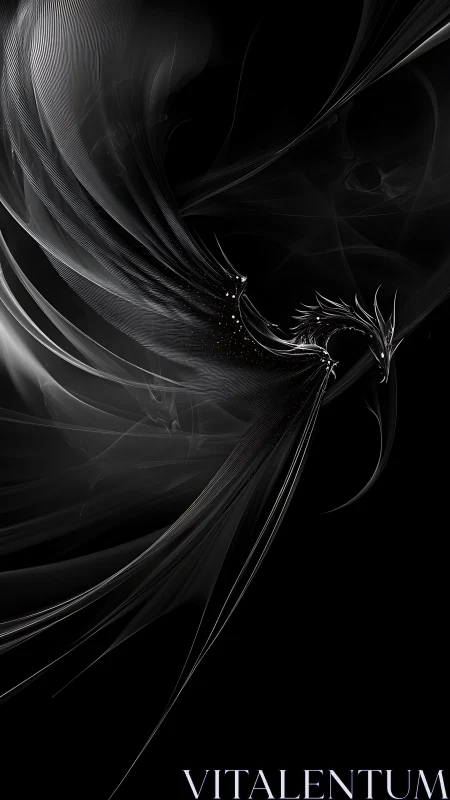 Monochrome fractal dragon arcs through fluid luminous filaments