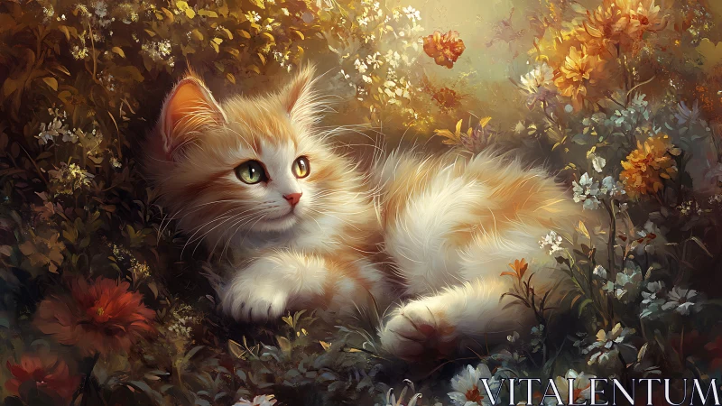 Fluffy Guardian Rests Among Autumn Florals.