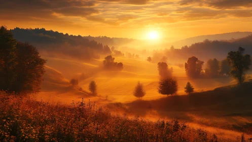 Golden sunrise warms rolling misty hills and quiet trees