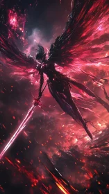 Crimson-winged void seraph carves blazing rifts through night