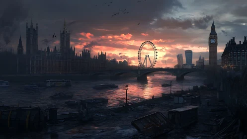 Twilight over a storm-touched London riverfront skyline.