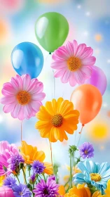 Composite Floral Arrangement with Chromatic Balloons Against Soft-Focus Sky.
