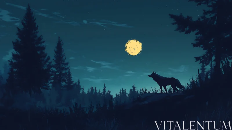 Lone wolf silhouette on forest ridge under high-contrast full moon