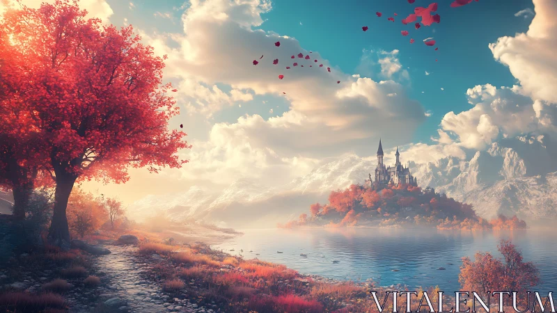 Fantasy lakeside castle under autumnal crimson canopy.