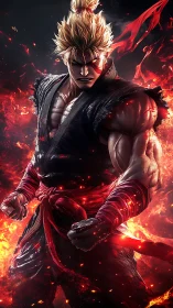 Flaming warrior stands defiant amid swirling inferno light