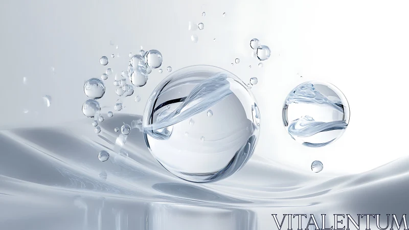 Transparent liquid spheres float above reflective fluid surface