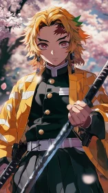 Determined anime swordsman under soft cherry blossoms.