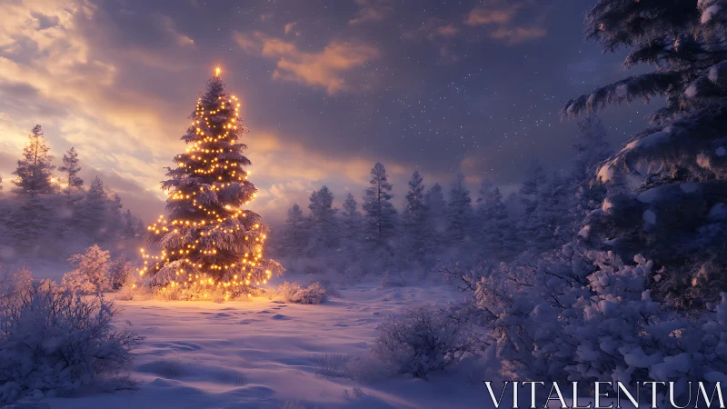 Glowing Christmas tree warming a peaceful snowy forest night.