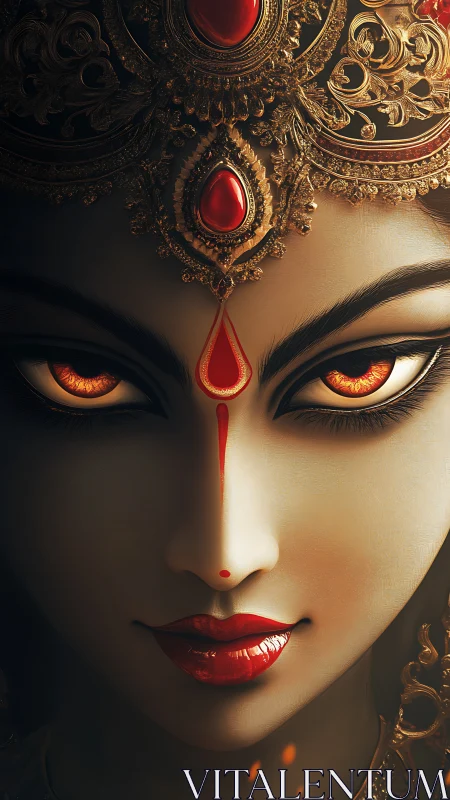 Divine goddess portrait with burning eyes and gold crown.
