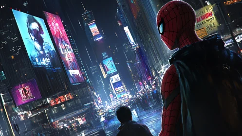 Spider-themed hero overlooking neon city street at night.