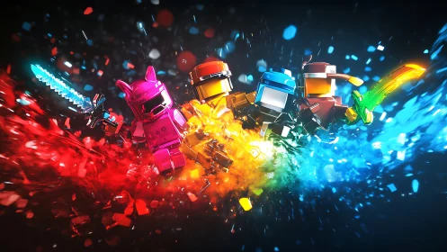 Color-charged blocky heroes racing through rainbow sparks.