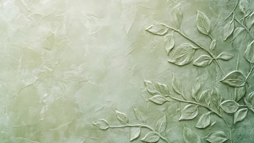 Green plaster wall relief with decorative leaf branches.