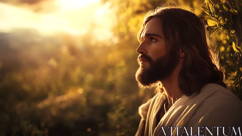 Serene robed man in golden sunset garden portrait.