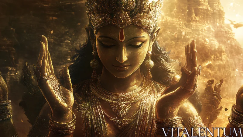 Gilded multi-armed goddess idol in radiant golden ambient light
