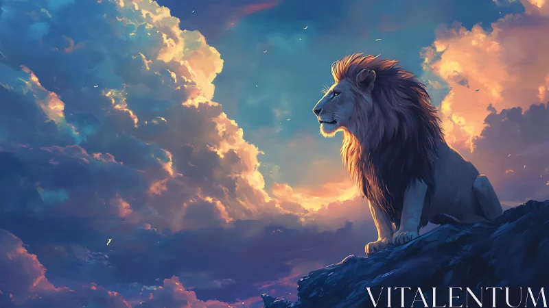 Lion on elevated rock against vivid sunset cloudscape.