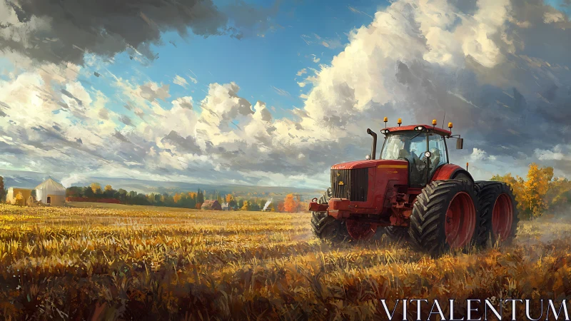 Bold red tractor rolls through a wide golden autumn field