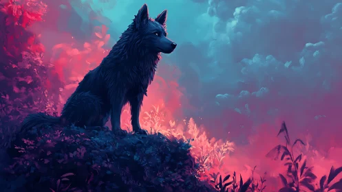 Wolf silhouette on ridge in neon pink and cyan landscape.