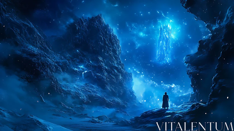 Glacial abyss observer beneath luminescent cosmic spire.