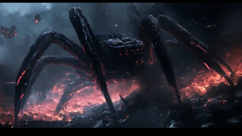 Cybernetic spider walker over molten battlefield in rain.