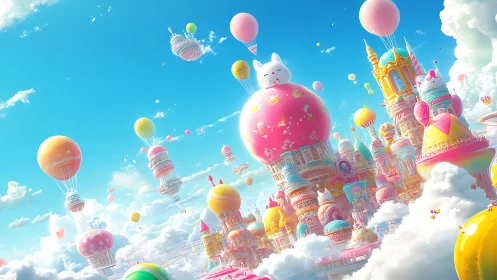 Hyper-saturated aerial confection city with feline dirigibles.