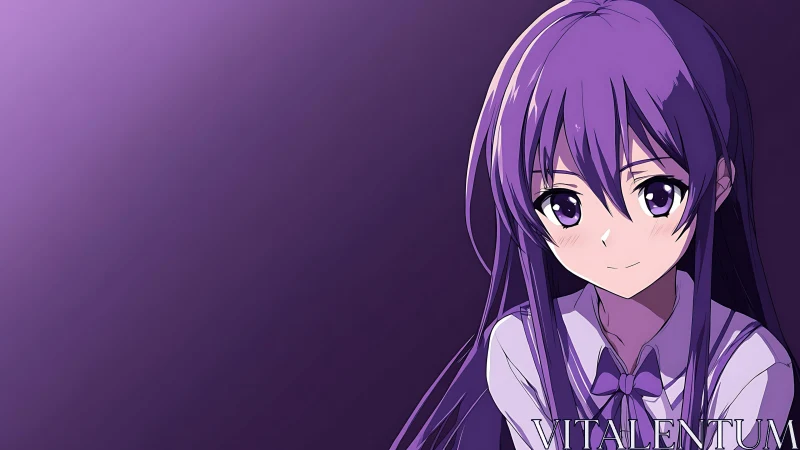 Gentle purple haired anime girl sharing a shy, warm smile.