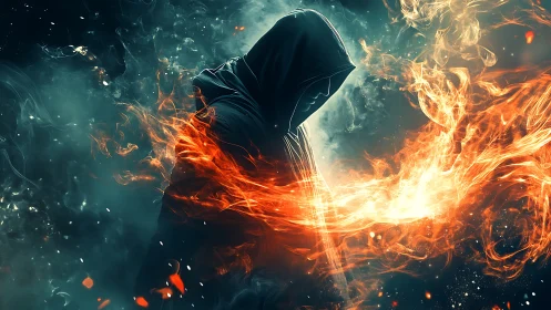 Hooded firecaster wrapped in swirling embers and smoke.