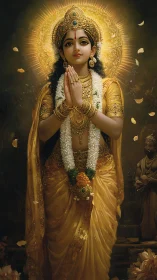 Golden dawn goddess in prayerful stillness and petal light.