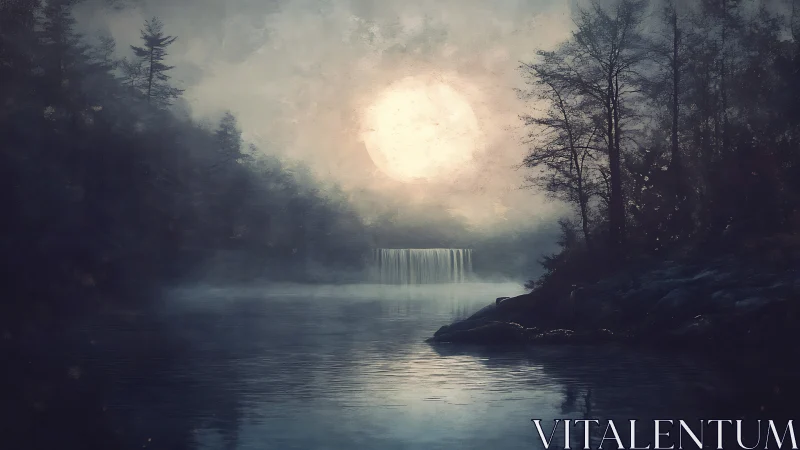Moonlit waterfall hushes the forest into silver silence