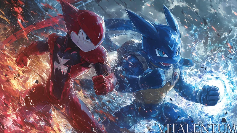 Two opposing elemental warriors in intense combat stance.