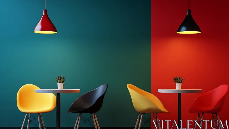 Colorful modern café chairs and tables against bold walls.