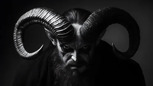 Horned demon portrait in stark black and white studio.