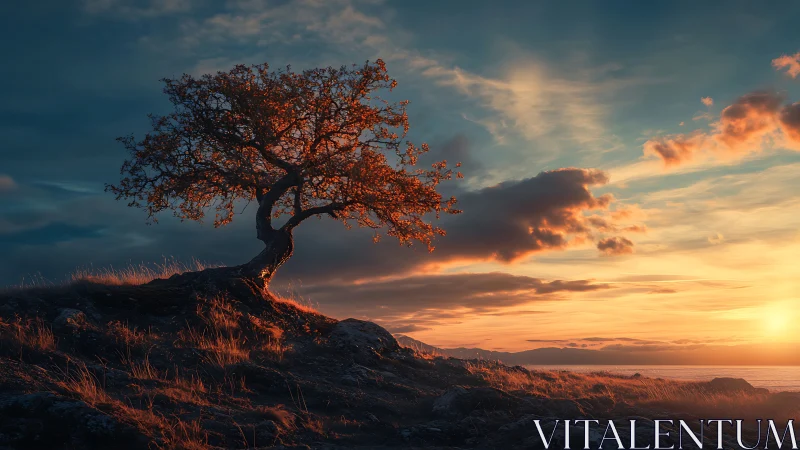 Solitary wind-shaped tree crowns a rocky hill at sunset