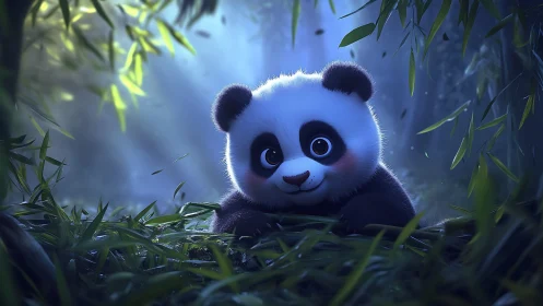 Baby panda rests in glowing bamboo forest at twilight