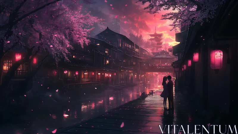 Lovers beside neon canal under twilight sakura glow.