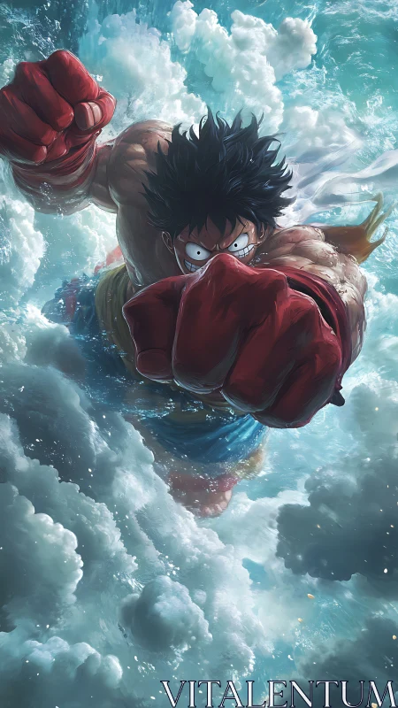 Dynamic aerial punch with foreshortened anatomy and volumetric clouds