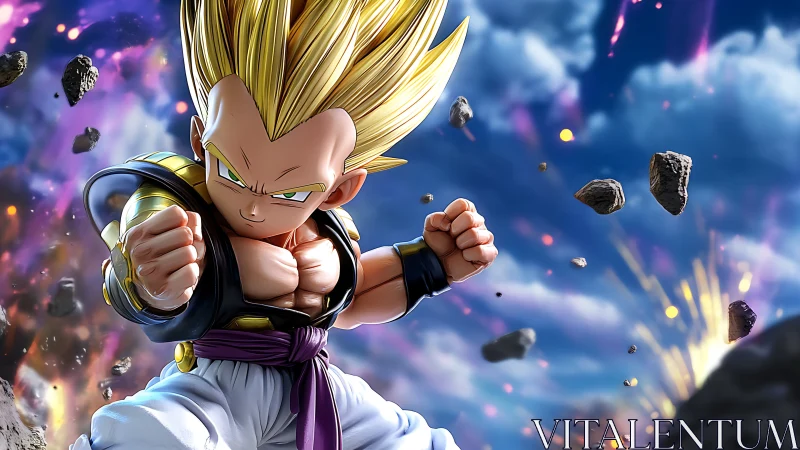 Supercharged anime warrior launches punch amid floating debris.